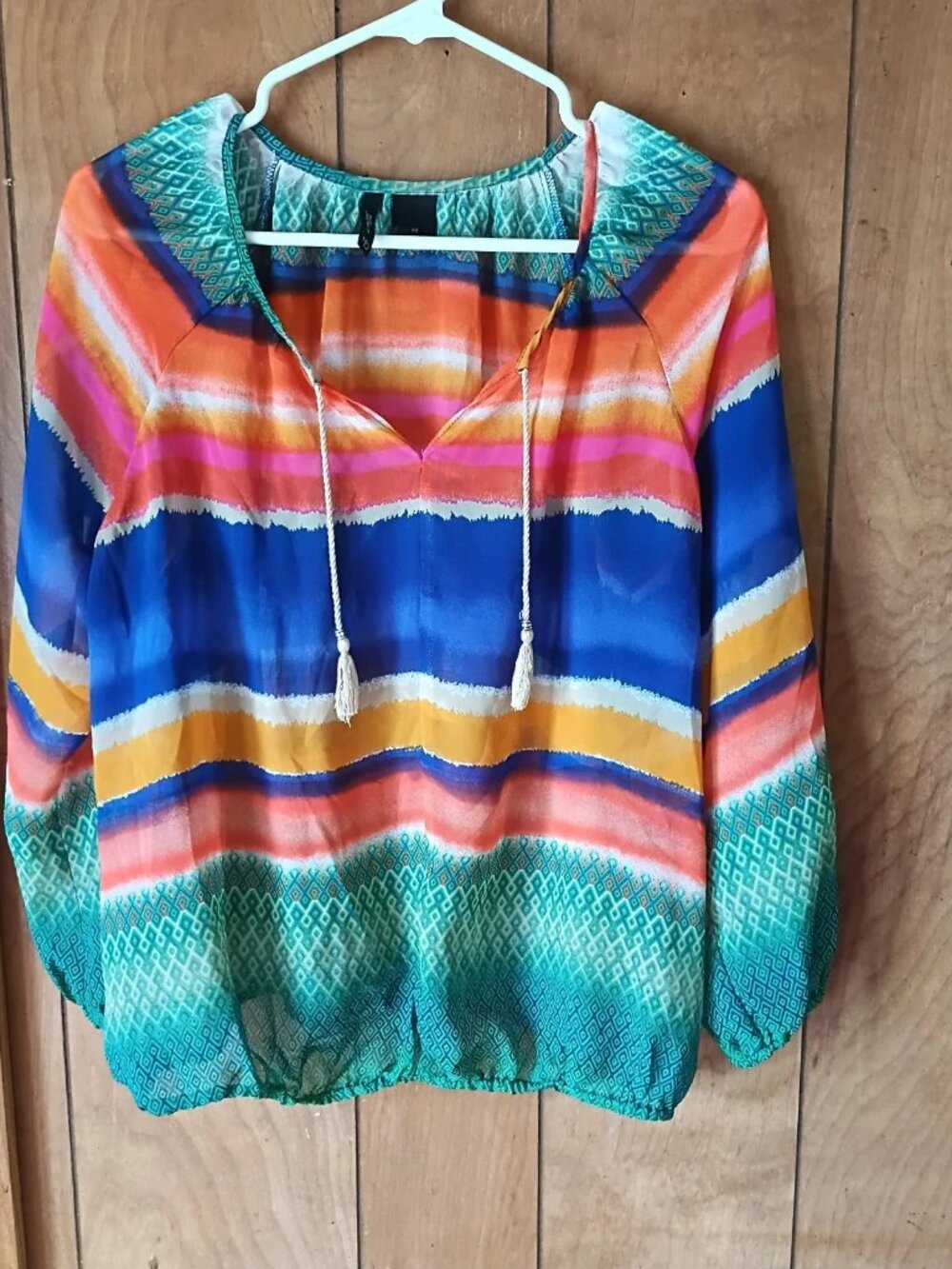New Directions Size M Sheer Boho Peasant Top Multicolor Striped Tassel Blouse